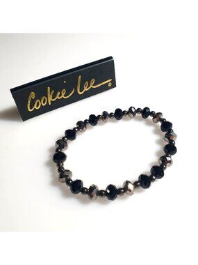Cookie Lee Stretch Bracelet Black Silver Faceted Beads Womens Fashion Jewelry
